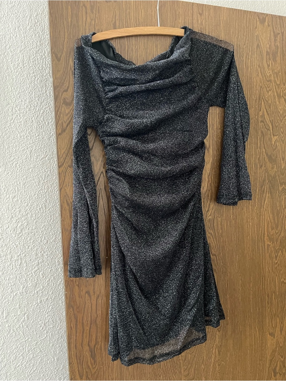 Black Sparkle Ruched Long-Sleeve Dress
